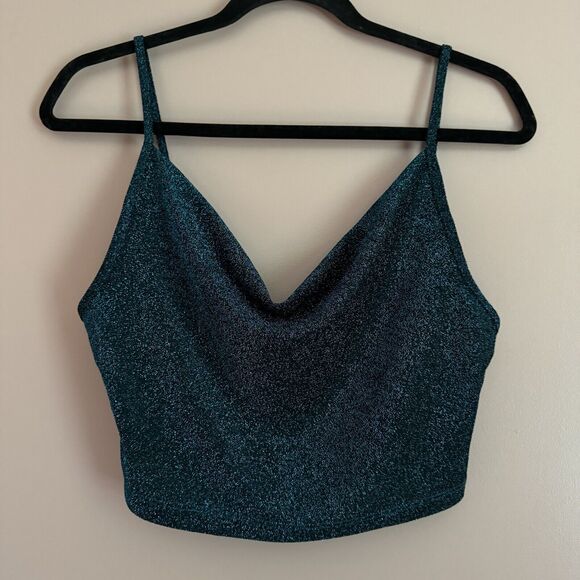 Women's Draped Cowl Neck Cropped Tank Top Blue Glitter Metallic Micro Cami M - Picture 3 of 9